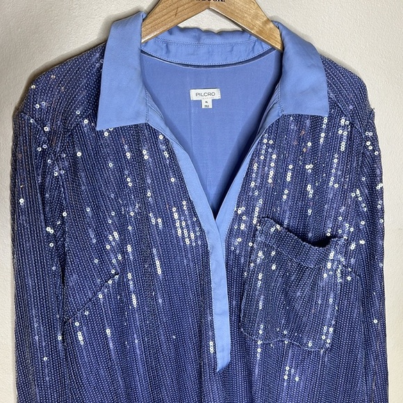 Pilcro Long Sleeve Sequin Mini Shirt Dress Blue Womens Size XL Collard Neckline - Picture 6 of 12